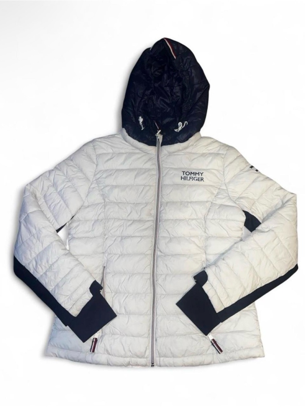 Tommy Hilfiger White Quilted Puffer Jacket with Black Hood & Trim